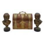 A Victorian walnut stationary casket and a two bronzed busts