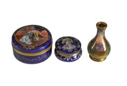 Two Continental enamelled boxes, and a small vase
