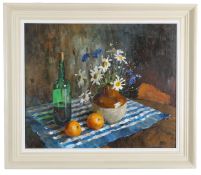 Joyce Seddon (British, 20th Century) Still Life of Flowers, Oranges and Wine