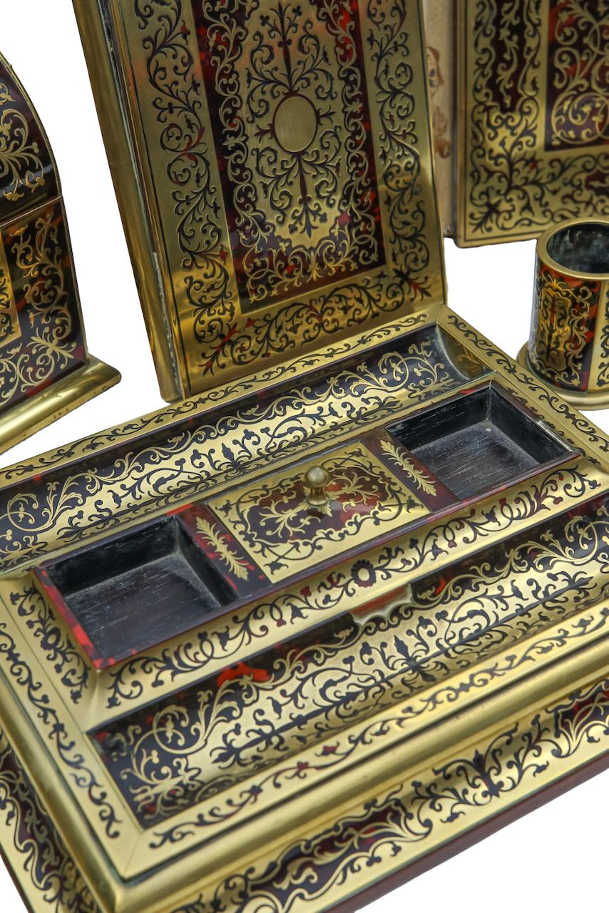 An Edwardian eleven piece boullework desk set - Image 2 of 4
