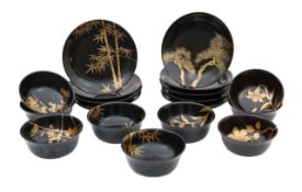 A set of Japanese Maki-e style lacquer bowls and dishes