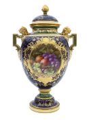 A large Coalport porcelain twin-handled vase and cover