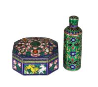 An enamelled box and cover, and a silver and cloisonné scent bottle
