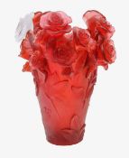A large Daum 'Rose Passion' pate de verre glass vase