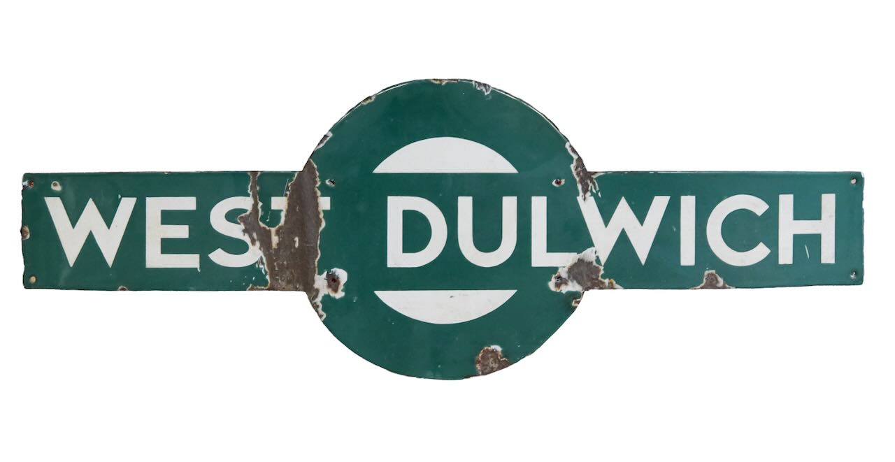 A vintage West Dulwich enamel railway sign