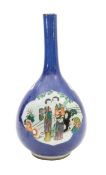 A Chinese famille verte powder blue porcelain bottle vase