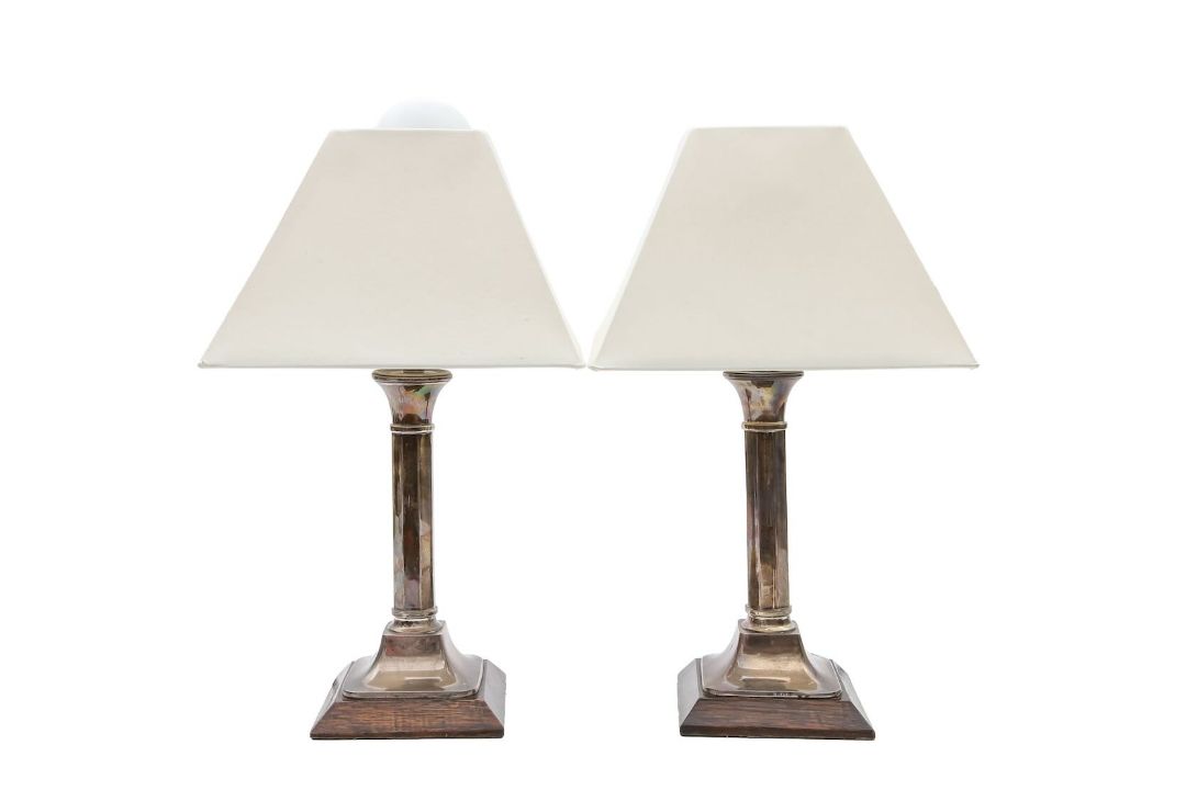 A pair of silver candlesticks, converted to lamps - Image 1 of 4