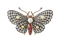 A diamond, ruby and pearl en tremblant butterfly brooch