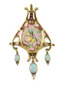 An Art Nouveau gem set, opal plique-a-jour pendant