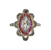 A marquise diamond, diamond and ruby-set ring