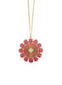 An Edwardian 15ct peridot, pearl and plique-a-jour enamel pendant on chain