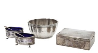 Two George V silver salts, a bowl and a cigarette box