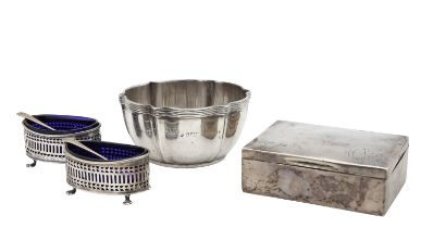 Two George V silver salts, a bowl and a cigarette box