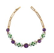 An amethyst, seed pearl and enamel bracelet