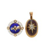An enamel and seed pearl sweet heart brooch and garnet and diamond pendant