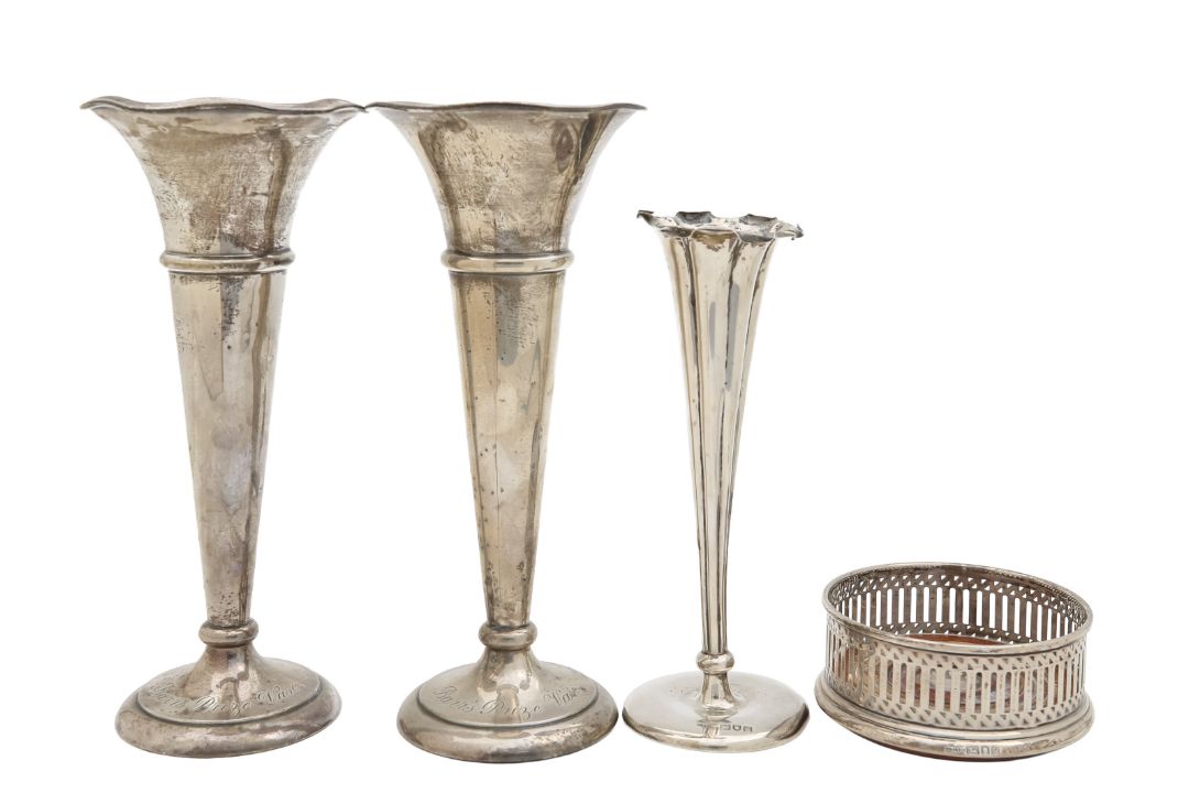 Two Edward VII and a George V silver vase, and a silver mounted coaster - Image 1 of 2