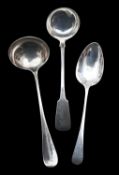 A Scottish provincial silver ladle, a Victorian ladle, and a George III silver spoon