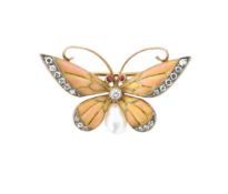 An enamelled diamond set and pearl butterfly brooch