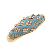 An enamelled, seed pearl and ruby bangle