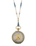 An 18K gold and guilloche powder blue enamel ladies keyless fob watch on chain