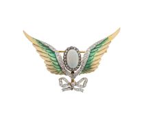 An enamelled, diamond and opal winged brooch