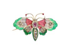 A polychrome enamel, diamond and gem set butterfly brooch