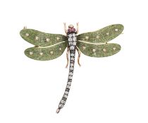 An enamelled and jewelled dragonfly brooch