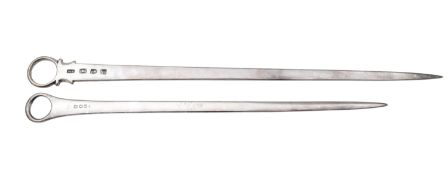 Two George III silver meat skewers