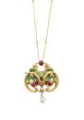 A Secessionist pearl, diamond, ruby and enamel pendant brooch