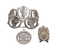 A Spanish 5 Pesetas silver coin bracelet, and a modern silver miniature photograph frame