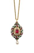 A diamond ruby and pearl enamel pendant locket