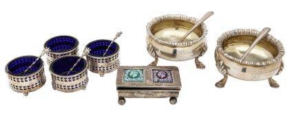A collection of George V silver cruets, and a stamp box