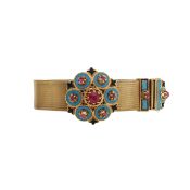 A ruby, enamel and yellow gold expanding mesh bracelet