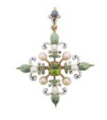 An enamel, gold seed pearl and peridot pendant and brooch