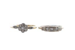 A daisy diamond cluster ring and a square set diamond five stone ring
