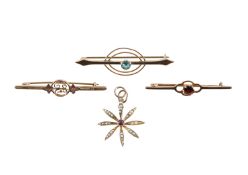 A zircon gem brooch, seed pearl and amethyst pendant and two more