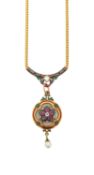 A gold polychrome enamel and gem set pendant