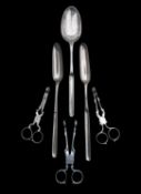 Three George III silver marrow scoops, and three pairs of tea tongs