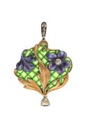 A plique-a-jour enamel, diamond set gold pendant