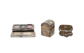 An Edward VII silver stamp box, a George V double sovereign case and a Victorian playing card box