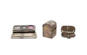 An Edward VII silver stamp box, a George V double sovereign case and a Victorian playing card box