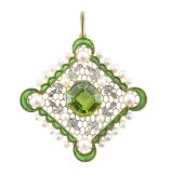 An Edwardian period, pearl, enamel and diamond-set pendant