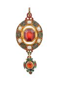 A mid Victorian garnet, enamel and pearl Holbeinesque pendant