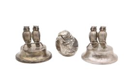 A Sampson Mordan silver chick pin cushion and two place holders