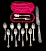 A set of eight Victorian silver teaspoons, a carving knife, and a cased George V silver Christening
