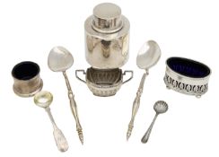 Three silver salts, a tea caddy and spoons