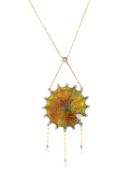 An 18K plique-a-jour gem set cobweb pendant