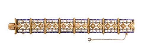 A Carlo Giuliano Renaissance Revival enamel, diamond and pearl panel bracelet