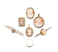 A collection 80s shell cameo jewellery and two more