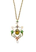 An Edwardian gem set and enamel pendant brooch